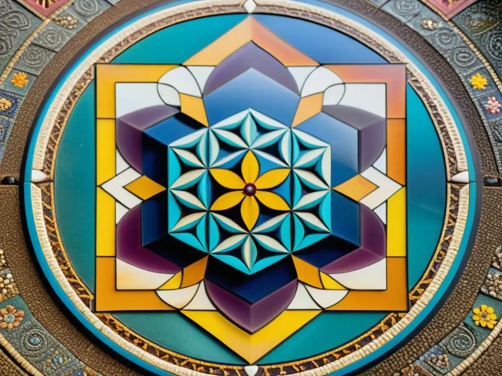 Antiguo mosaico con significado espiritual de geometría sagrada en tonos terrosos vibrantes, con patrones intrincados y místico aura atemporal