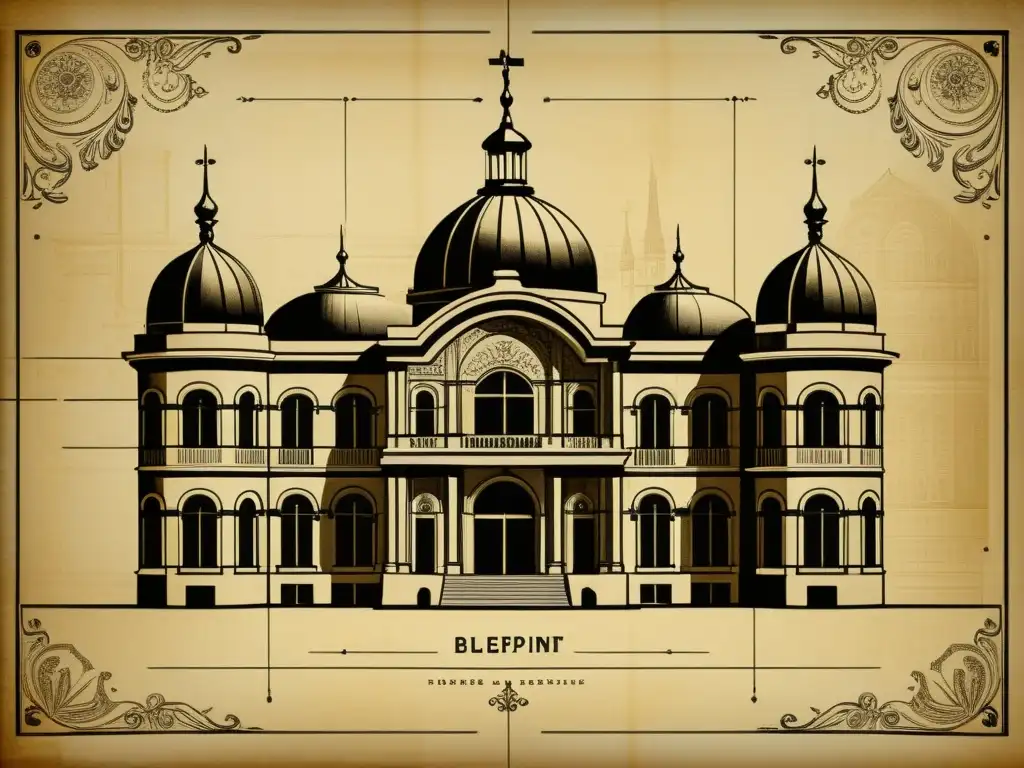 Antiguo plano arquitectónico con intrincados diseños en sepia, evocando la artesanía histórica