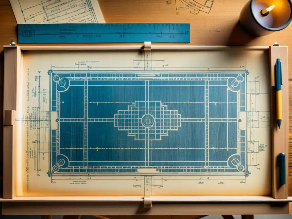 Un antiguo plano arquitectónico en una mesa de dibujo de madera, iluminado por luz suave