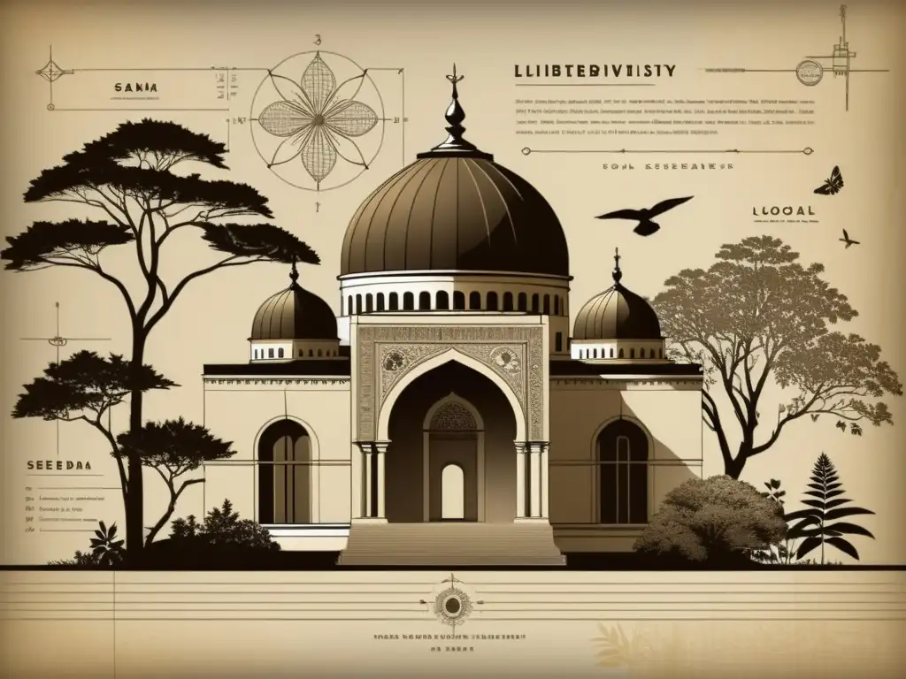 Un antiguo plano arquitectónico con patrones detallados y diseños que promueven la biodiversidad