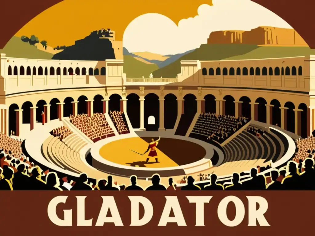 Espectáculo épico: Gladiador triunfante en el anfiteatro romano Un antiguo póster de cine muestra un épico combate de gladiadores en un majestuoso anfiteatro romano iluminado por una cálida luz dorada