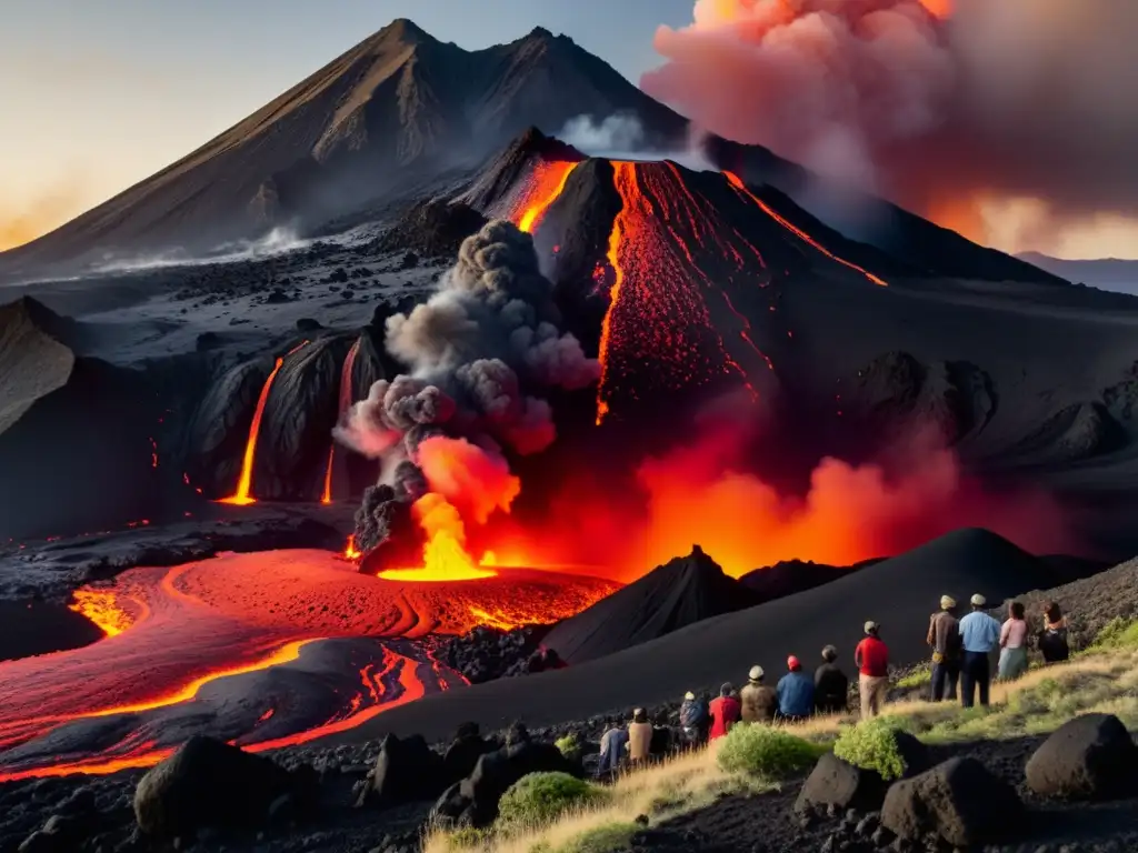 Un antiguo retrato en alta resolución de una erupción volcánica con patrones de flujo de lava intensos y colores brillantes