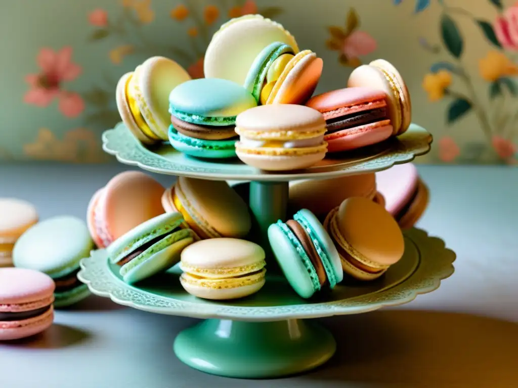 Un antiguo soporte para pasteles exhibe macarons de tonos pasteles y patrones florales, capturando la esencia de patrones decorativos en pasteles