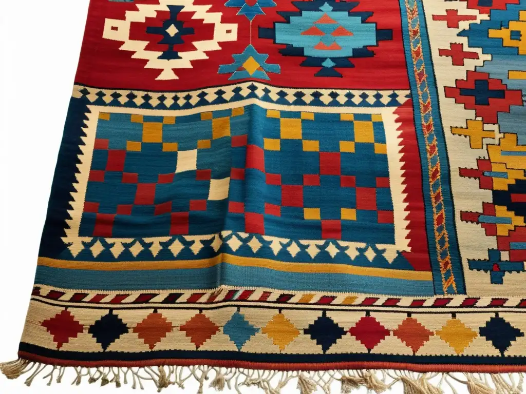 Un antiguo tapete kilim anatólico exhibe patrones vibrantes de rojo, azul y dorado, evocando la rica herencia cultural de Anatolia