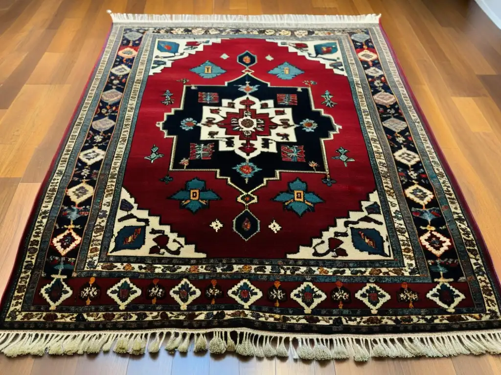 Alfombra persa vintage: Arte y tradición en detalle Un antiguo tapete persa con patrones artísticos culturales en colores vibrantes, evocando historia y herencia