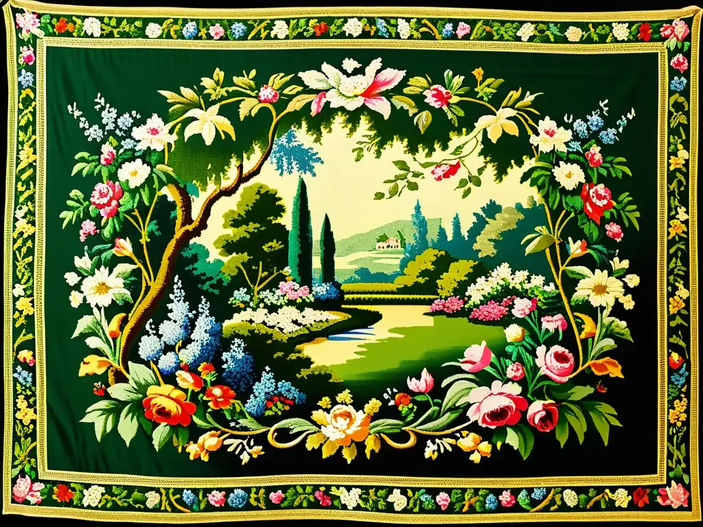 Un antiguo tapiz con simbolismo floral en patrones europeos, muestra un exuberante jardín con flores de colores vibrantes