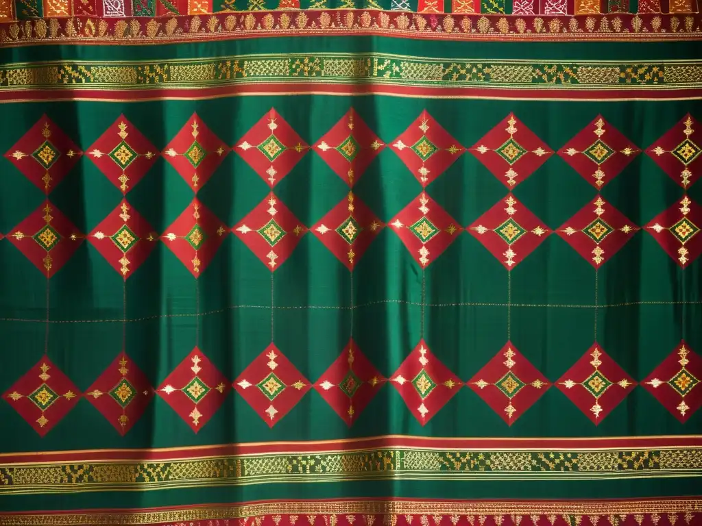 Un antiguo tejido Patola de Gujarat, India, con una impresionante geometría sagrada en tonos tierra de rojo, verde y dorado