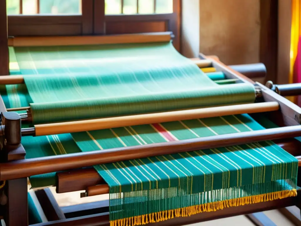 Tejido artesanal de Ikat: tradición y colorido Un antiguo telar de la India teje patrones ikat, iluminado por luz cálida, evocando la rica historia de la artesanía textil
