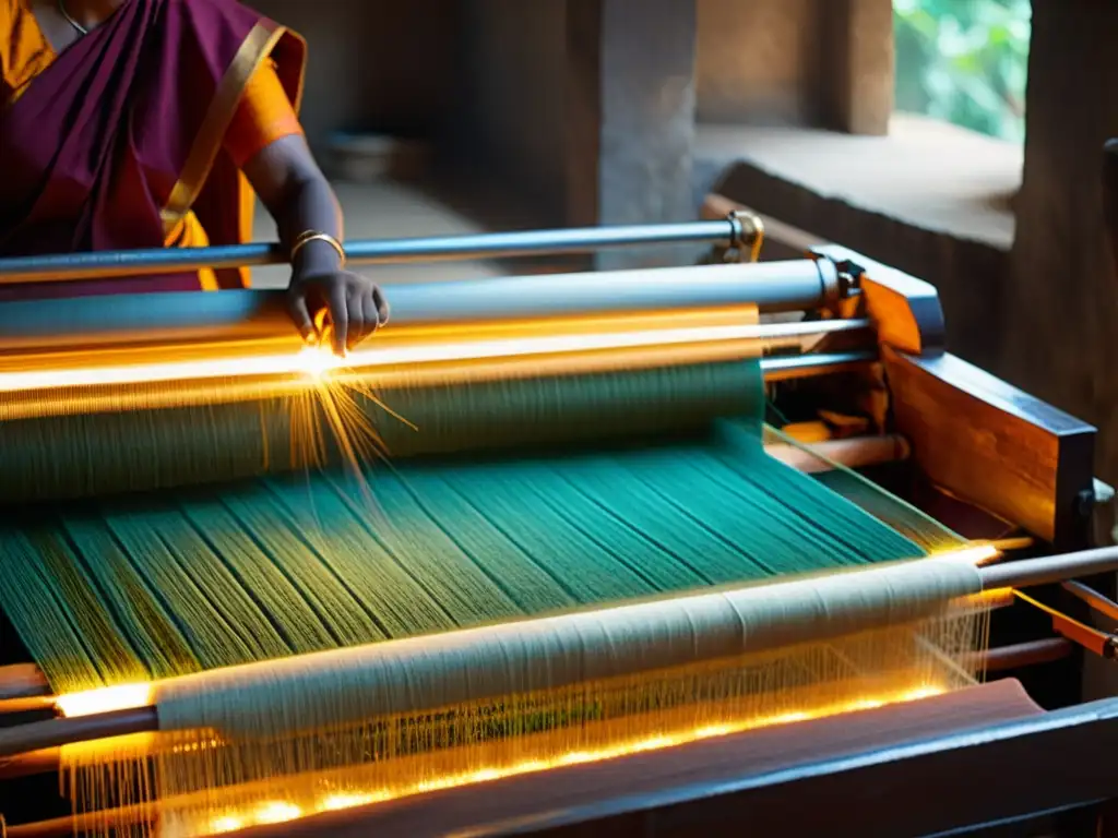 Un antiguo telar de textiles Mangalgiri del sur de India iluminado por lámparas vintage, donde hábiles artesanos tejen con destreza