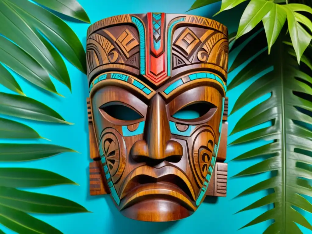 Antiguo tiki de madera de Polinesia con patrones tribales, en un exuberante entorno tropical bajo el cielo azul vibrante