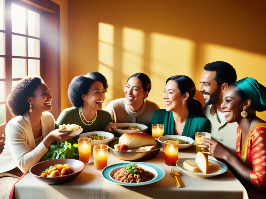 Un anuncio digital vintage muestra la diversidad cultural en una celebración alegre alrededor de una mesa