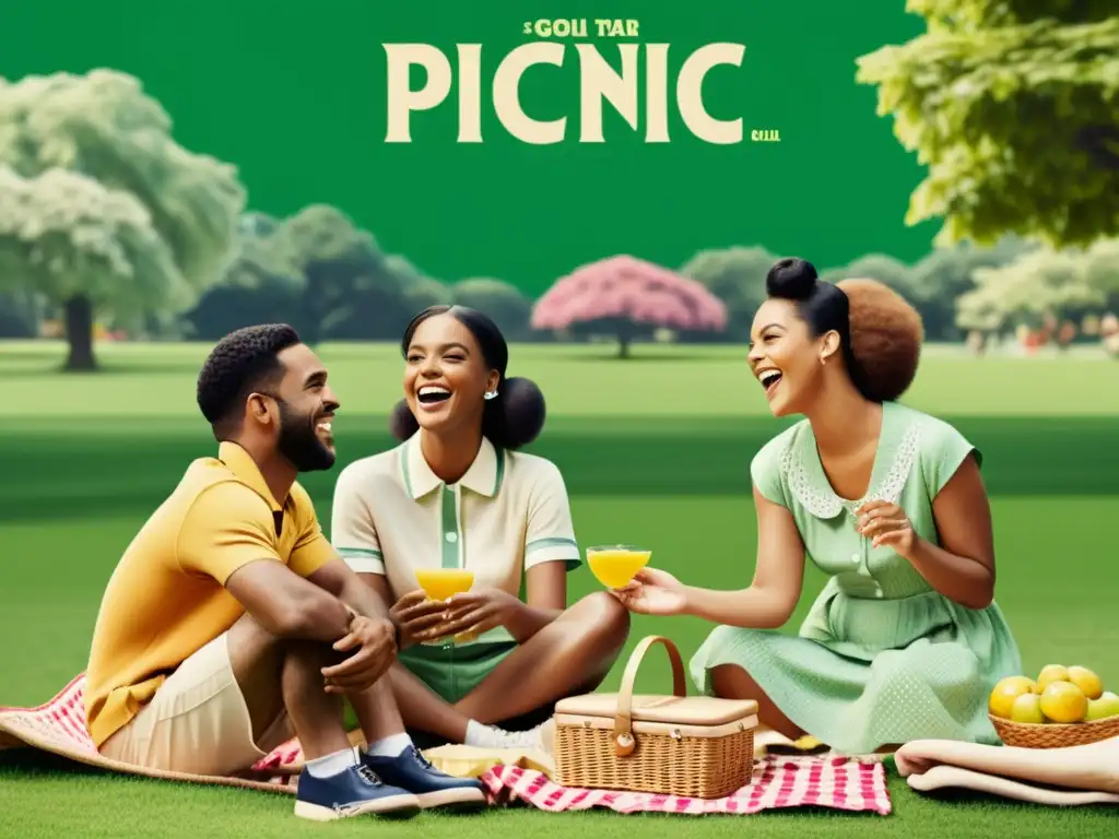 Un anuncio digital vintage que muestra patrones culturales en publicidad, con gente diversa disfrutando de un picnic en un parque