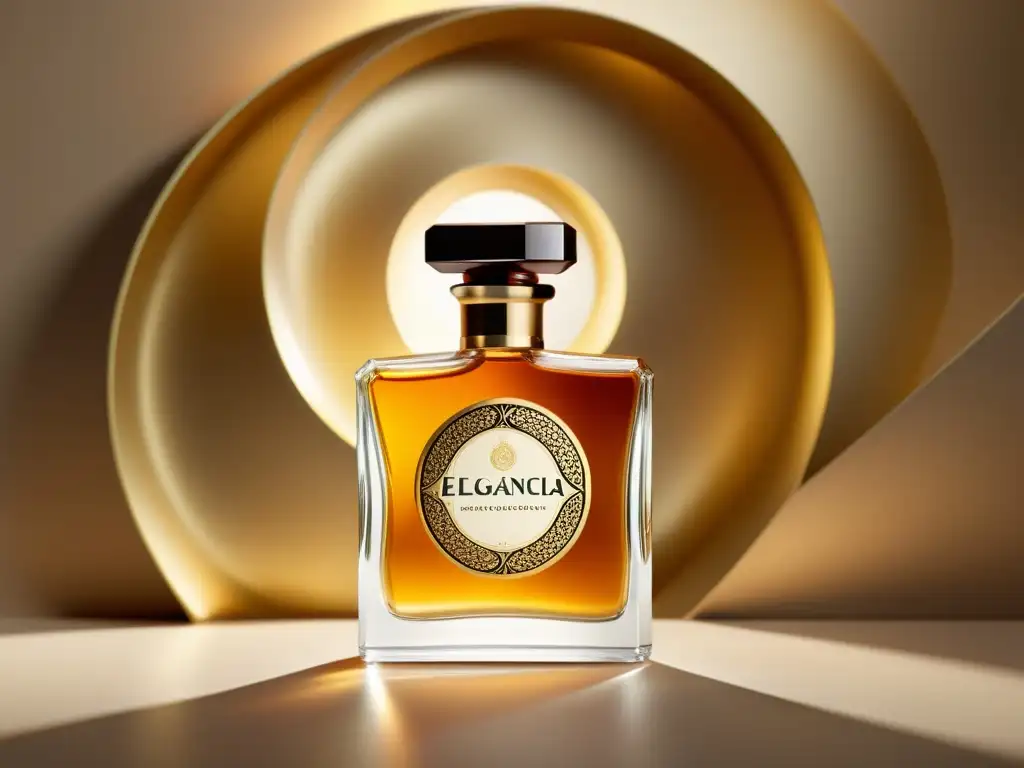 Un anuncio de perfume vintage con un diseño elegante y la frase 'Elegancia atemporal' en tipografía ornamental