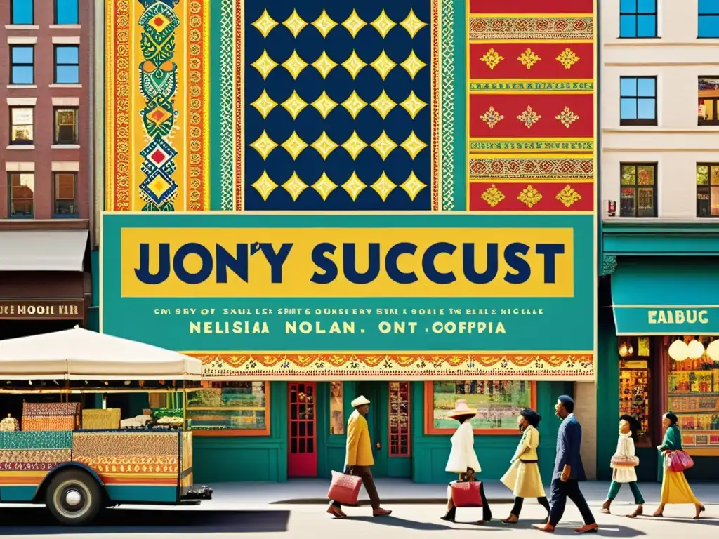 Anuncio textil vintage con estampados coloridos y detallados en la ciudad