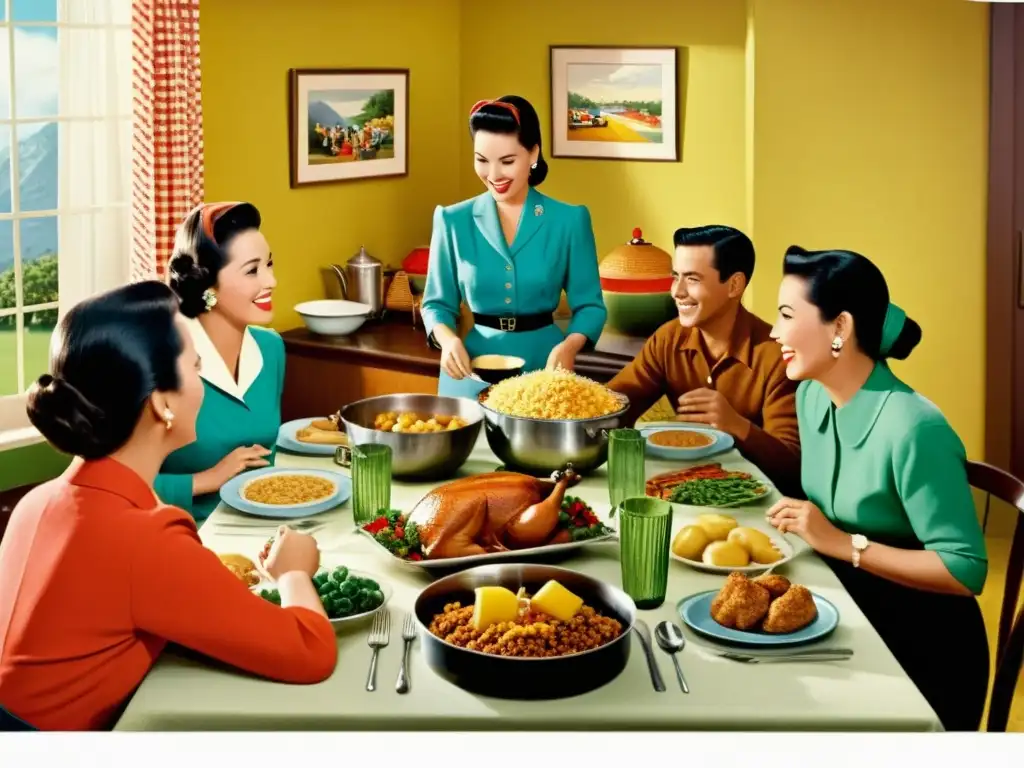 Anuncio vintage de los años 50: Tradición familiar en la mesa Anuncio vintage de los 50s con patrones culturales en publicidad, reflejando calidez y nostalgia en una reunión familiar alrededor de la mesa