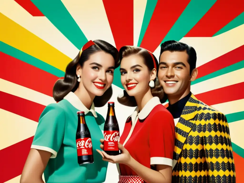 Anuncio vintage de CocaCola: amigos disfrutando de CocaCola rodeados de patrones complejos en publicidad global