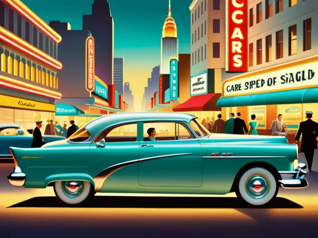 Anuncio vintage de los años 50 muestra un elegante auto cromado en una bulliciosa ciudad al anochecer, evocando el impacto publicitario del diseño gráfico en la era del automóvil