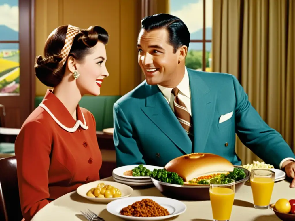 Anuncio vintage de los años 50 con gente disfrutando de una comida, mientras un hombre y una mujer presentan un producto