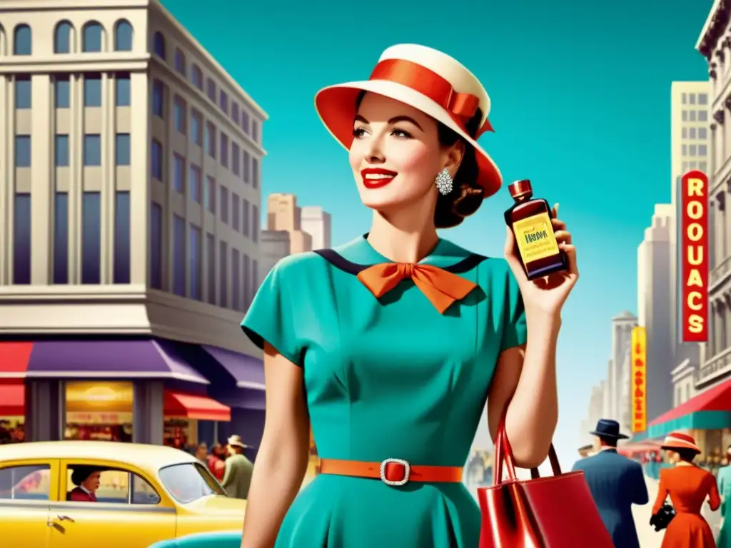 Anuncio vintage de los años 50 con influencia de patrones históricos en publicidad, mostrando glamour y sofisticación en la ciudad