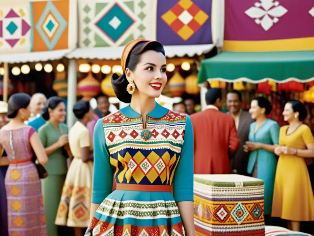 Anuncio vintage de los años 50 con modelo luciendo un vestido colorido de patrones étnicos en bullicioso mercado