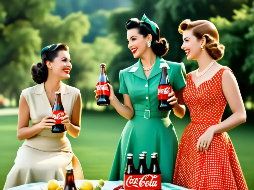 Un anuncio vintage de los años 50 con mujeres elegantes sosteniendo botellas de Coca-Cola en un elegante picnic al aire libre