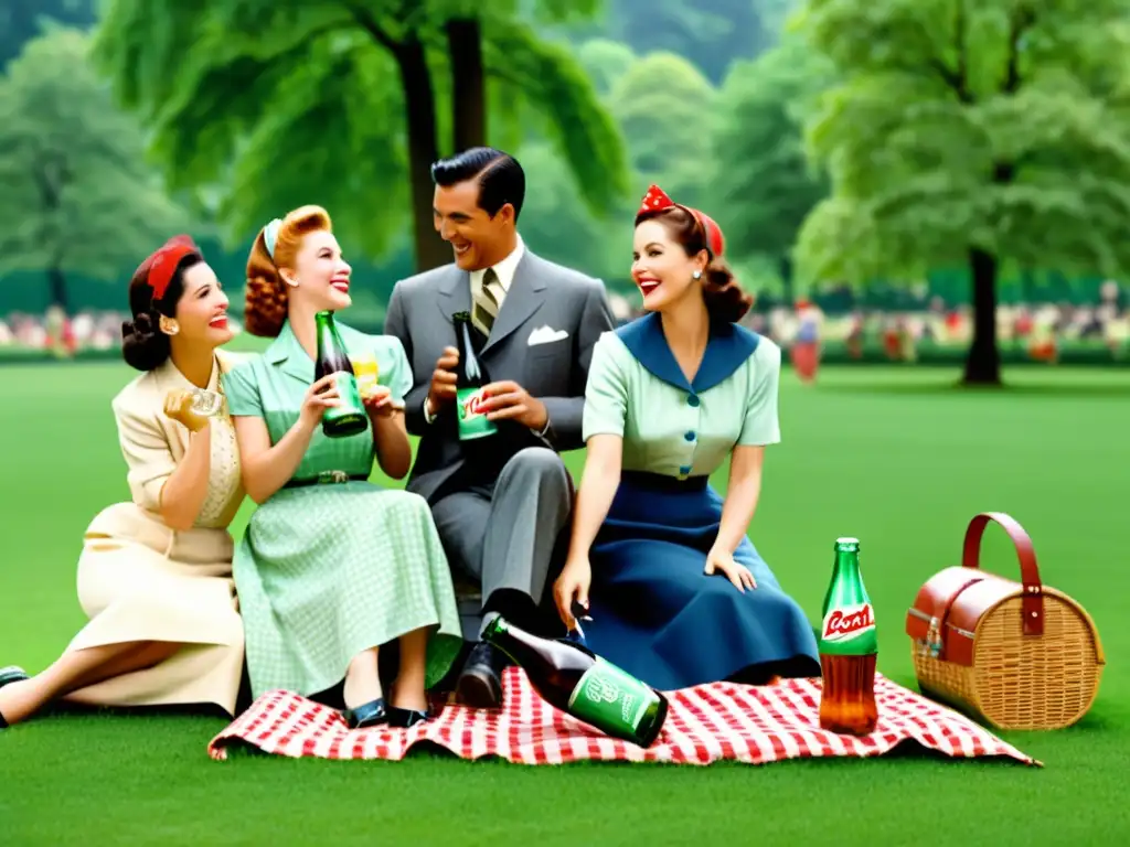 Anuncio vintage de soda: Picnic en el parque de los años 50 Anuncio vintage de los años 50 con personas disfrutando un picnic en el parque