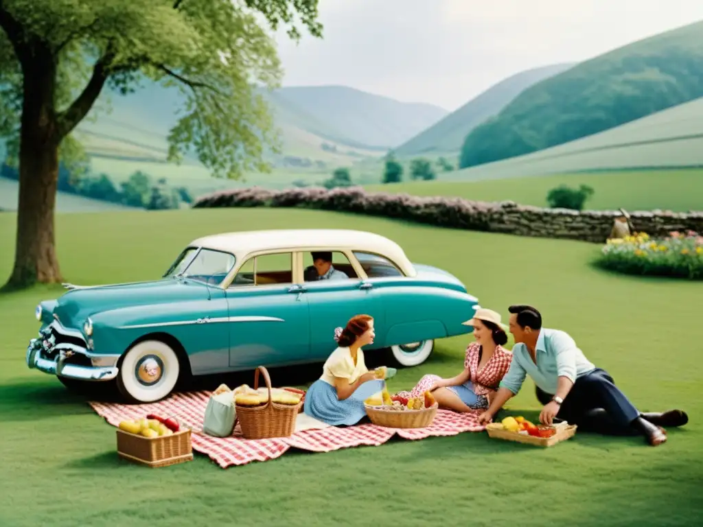 Picnic vintage en el campo: nostalgia y valores familiares de los años 50 Anuncio vintage de los años 50 con personas disfrutando de un picnic en el campo