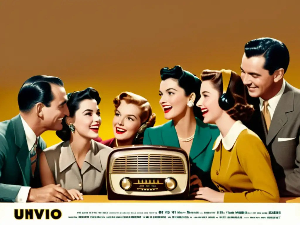 Un anuncio vintage de los años 50 con personas reunidas alrededor de una radio, mostrando patrones culturales en campañas publicitarias