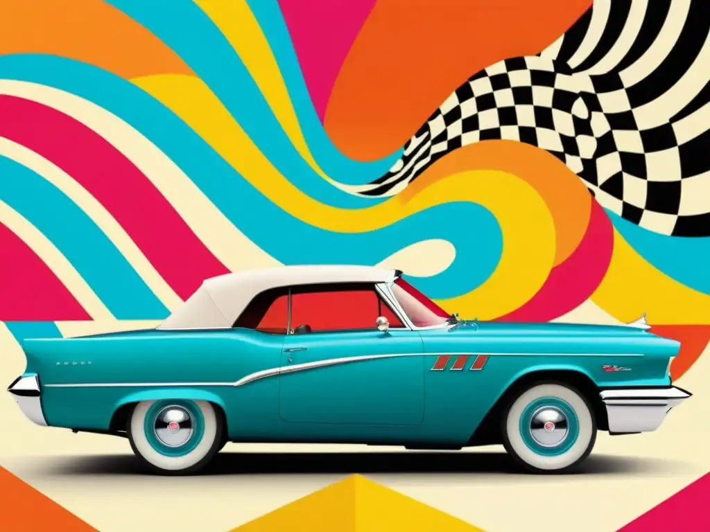 Un anuncio vintage de automóvil con patrones artísticos en colores vibrantes, evocando la innovación en publicidad automotriz