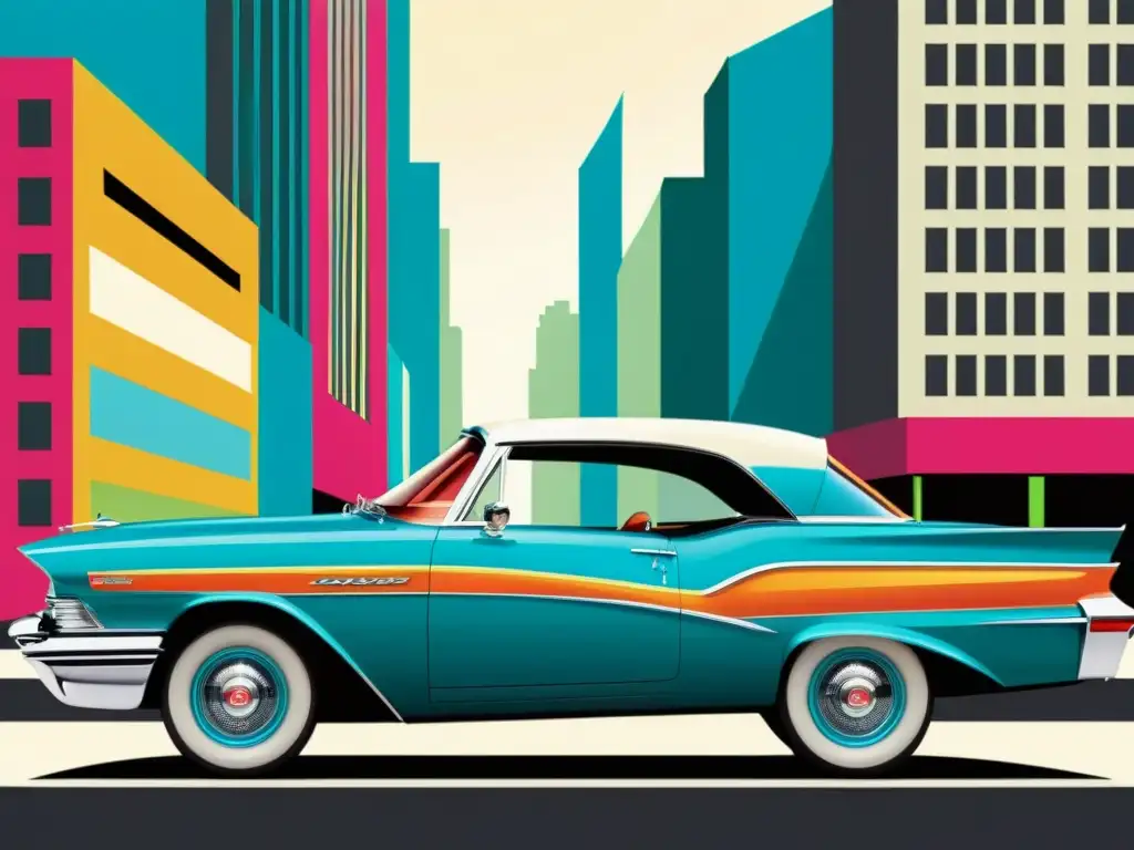 Anuncio vintage de automóvil con patrones artísticos y colores vibrantes en la ciudad