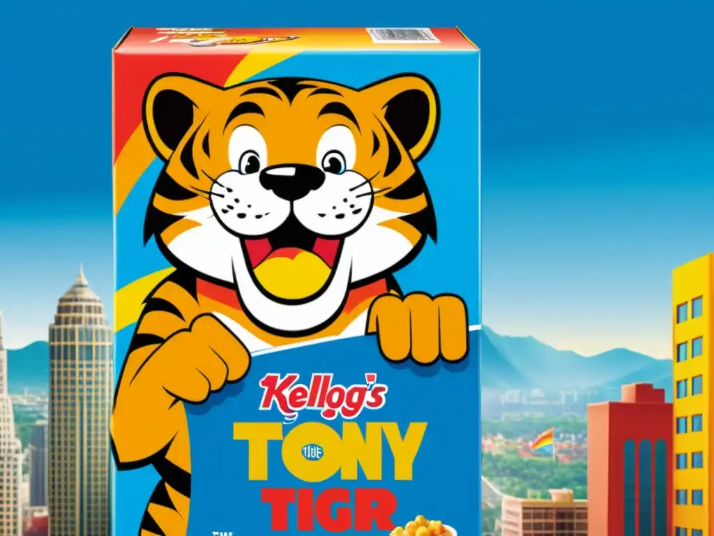 Anuncio vintage de Kellogg's con Tony the Tiger en la ciudad, exudando energía y emoción