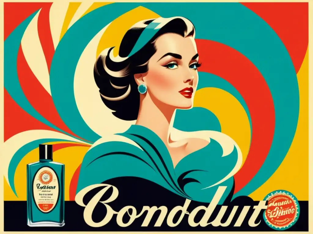 Anuncio vintage con ilustración colorida de mujer elegante promoviendo un producto clásico