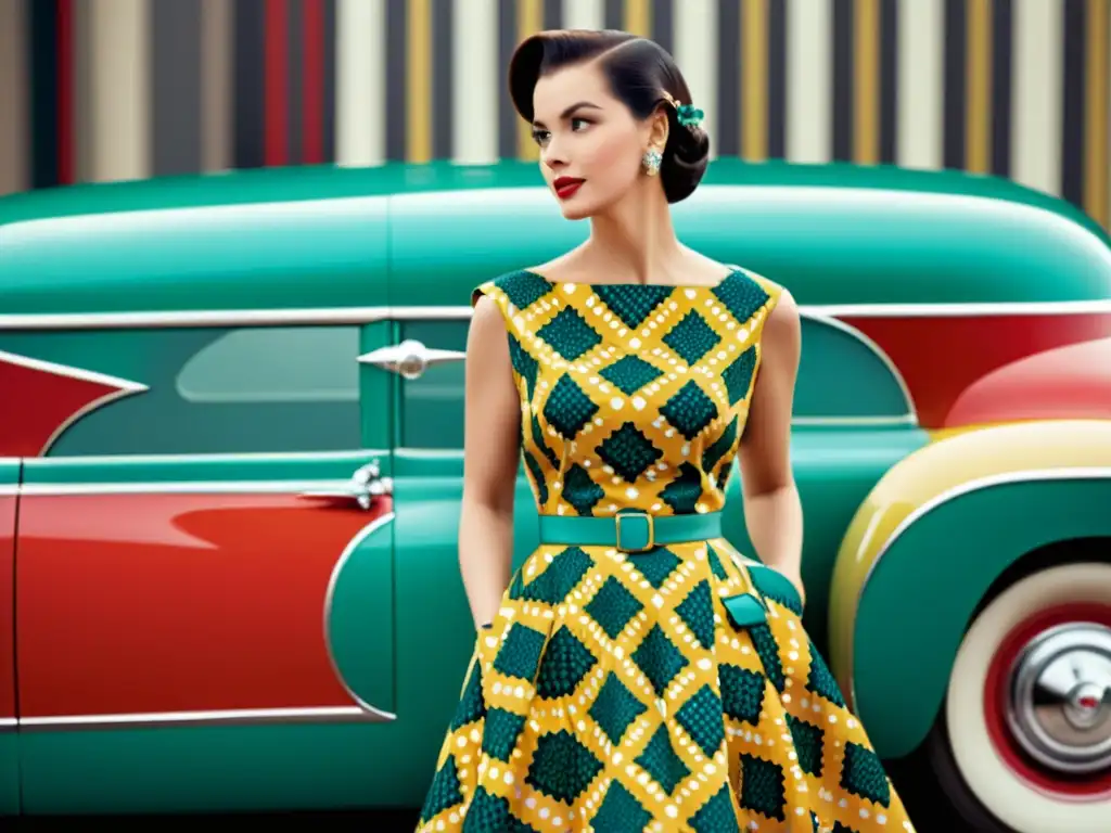 Anuncio vintage de los 50: Mujer elegante junto a un auto clásico Una fotografía de cerca de un anuncio vintage de la década de 1950 con colores vibrantes y patrones intrincados