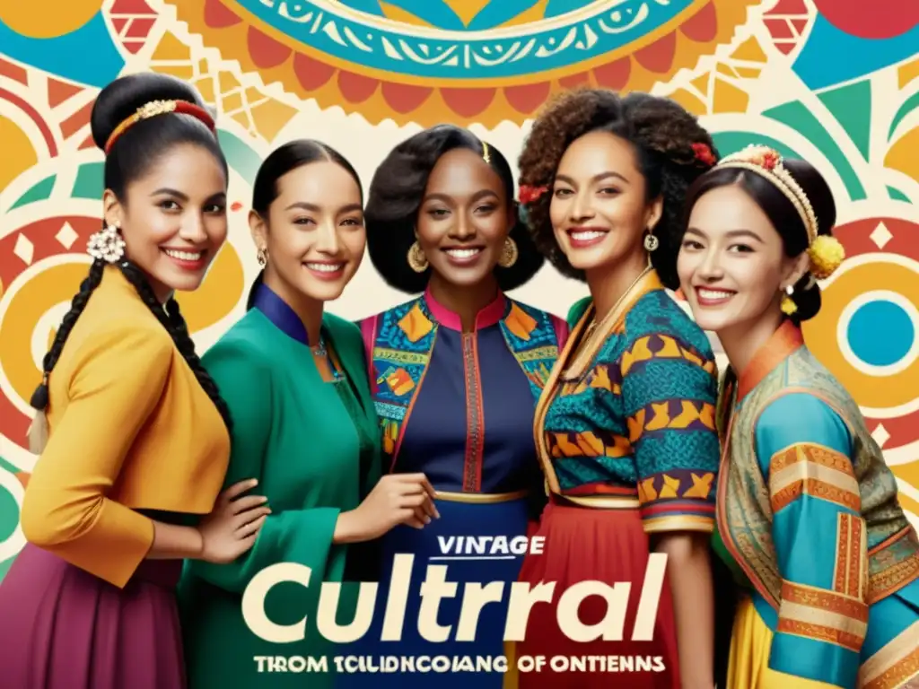 Anuncio vintage que celebra la diversidad cultural a través de patrones artísticos y unión de diferentes culturas en ropa tradicional