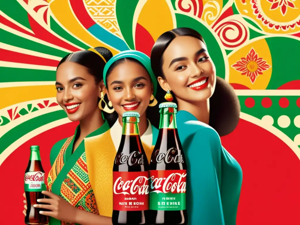 Anuncio vintage de CocaCola celebra diversidad cultural a través de patrones, uniendo a personas de distintos orígenes en torno a la icónica bebida