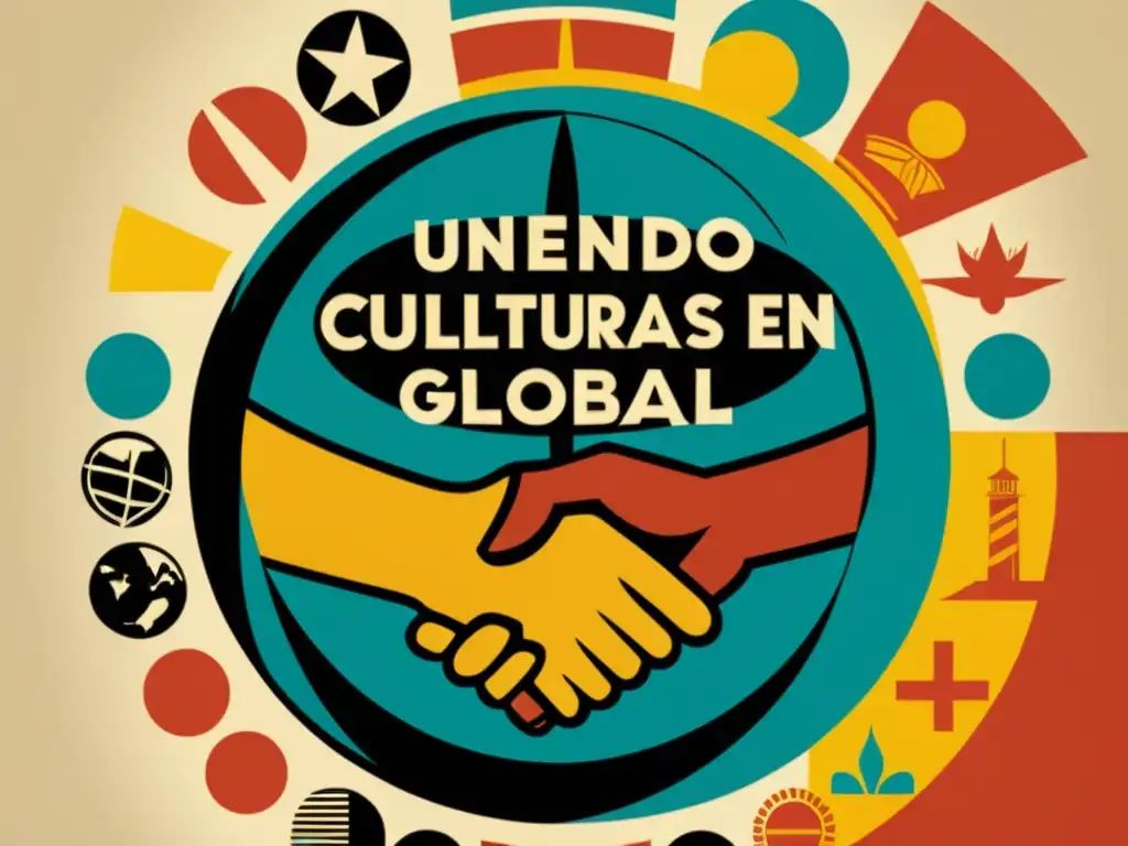 Un anuncio vintage que muestra diversidad cultural y unidad, con el mensaje 'Uniendo culturas en la publicidad global'