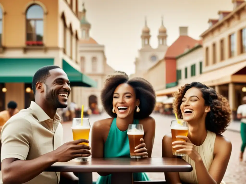 Un anuncio vintage con diversidad de personas disfrutando una bebida en una plaza animada