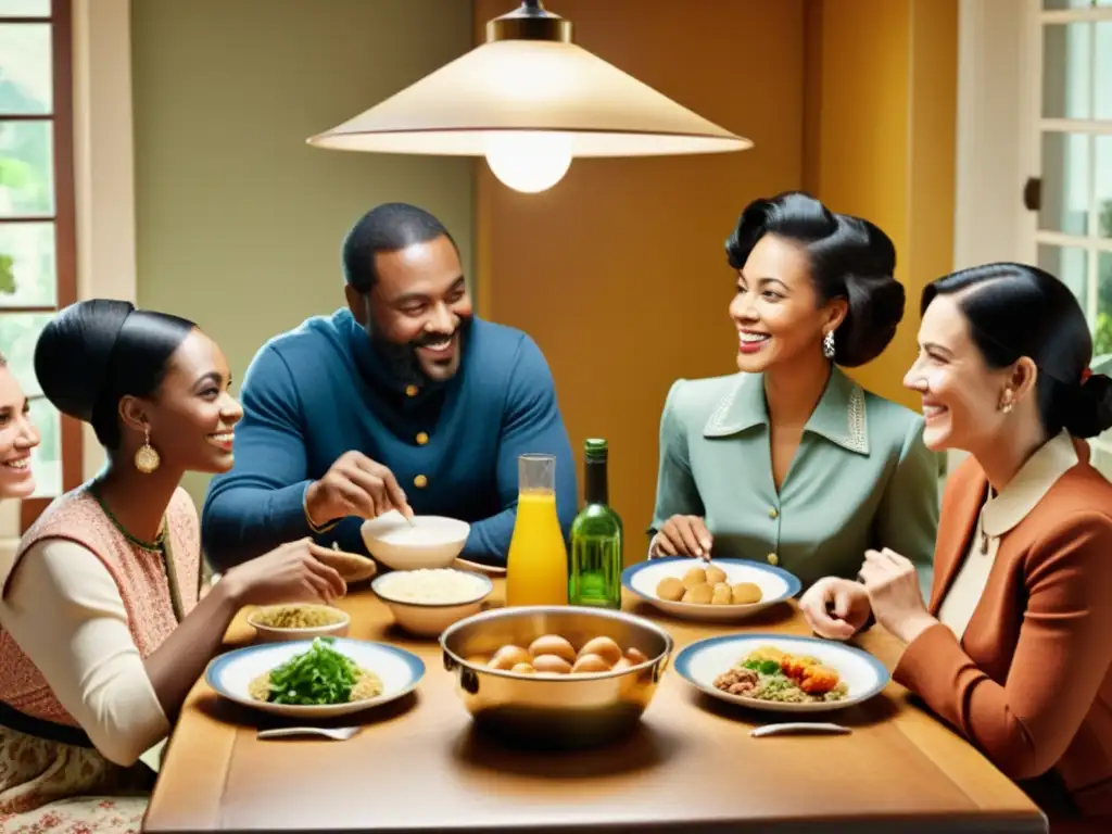 Un anuncio vintage que celebra la diversidad con personas reunidas alrededor de una mesa en una cocina cálida