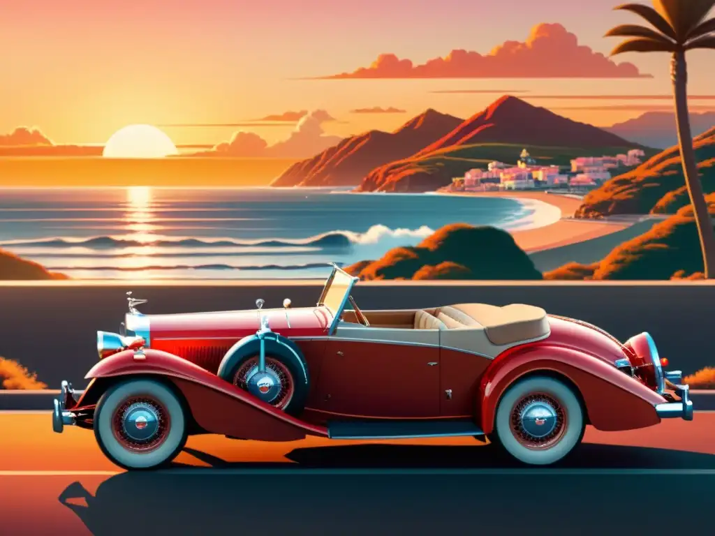 Anuncio vintage de coche rojo conduciendo por la costa al atardecer Un anuncio vintage con un elegante auto rojo conducido por una carretera costera al atardecer, resaltando la importancia de los patrones artísticos