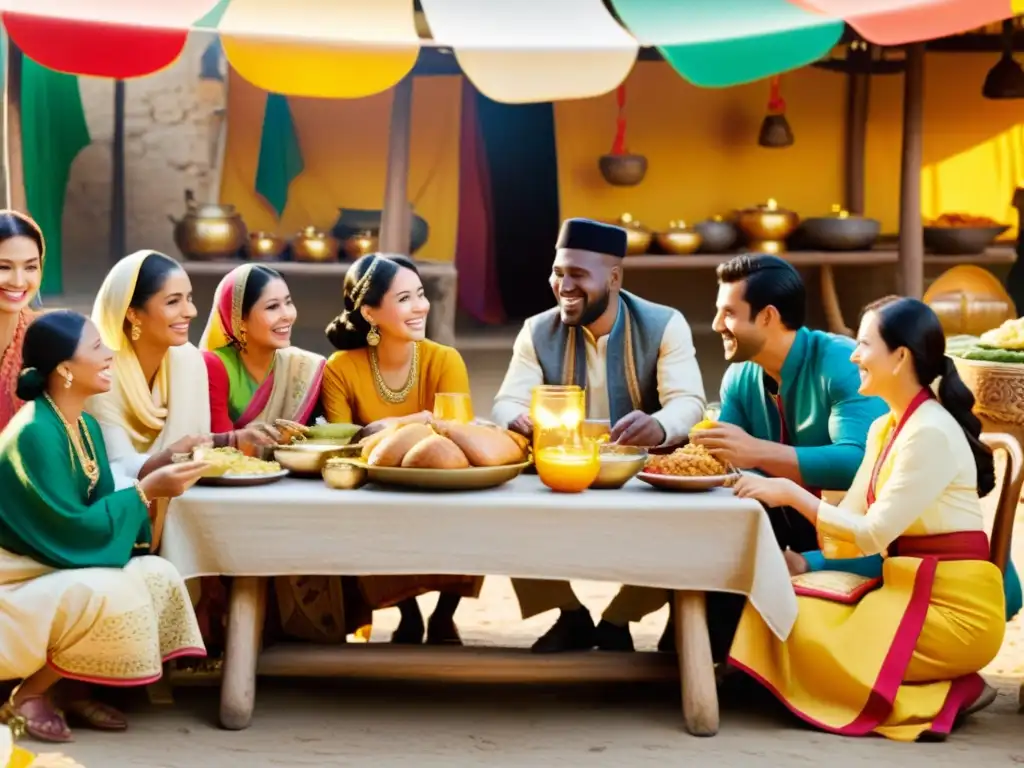 Un anuncio vintage muestra una escena multicultural en un bullicioso mercado