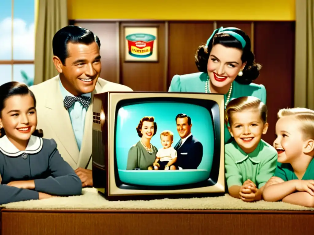 Anuncio vintage de los 50 con una familia viendo TV, exudando nostalgia y valores familiares