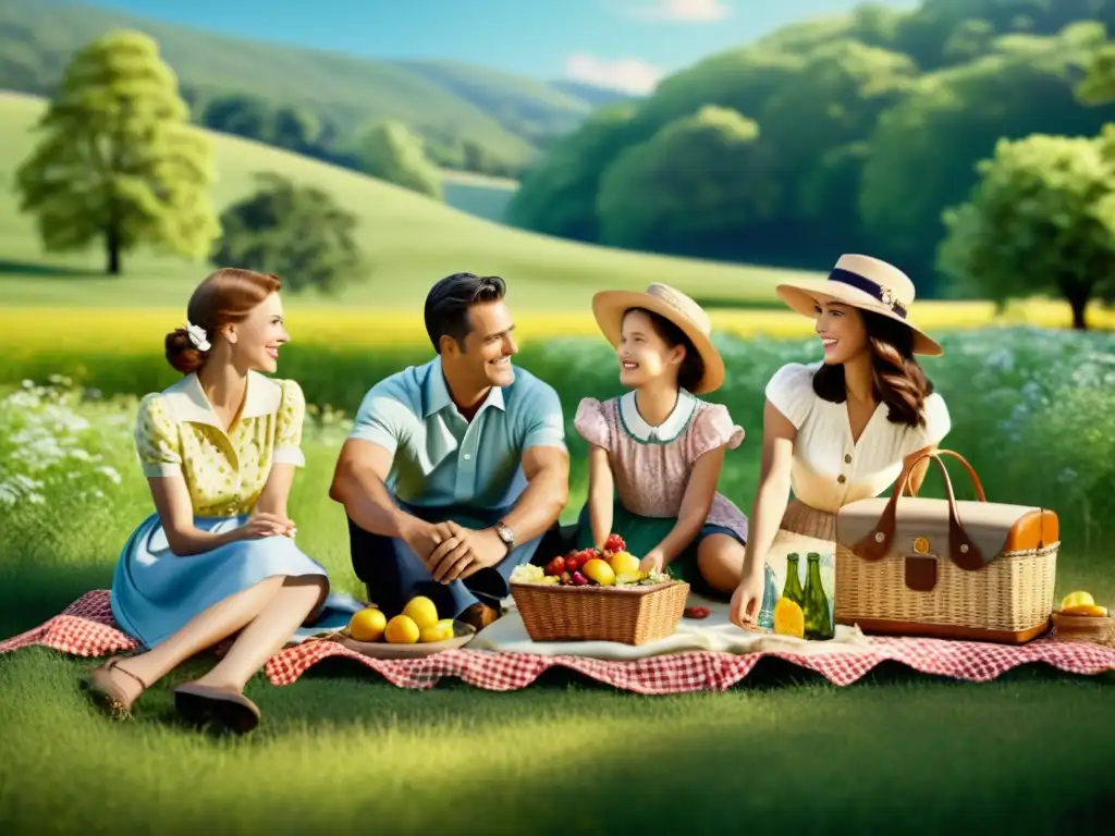 Anuncio vintage con una familia disfrutando de un picnic en un prado soleado, con productos estratégicamente colocados