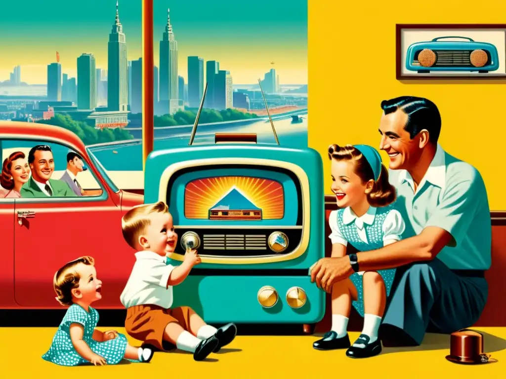 Anuncio vintage de los 50 con una familia reunida alrededor de la radio, reflejando patrones culturales en publicidad de la época