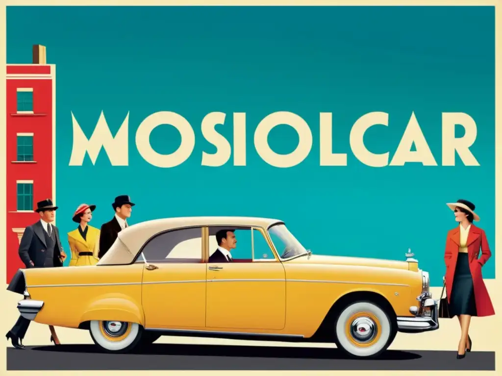 Un anuncio vintage muestra un grupo elegante alrededor de un auto clásico en la bulliciosa ciudad, evocando elegancia atemporal y patrones culturales en campañas publicitarias