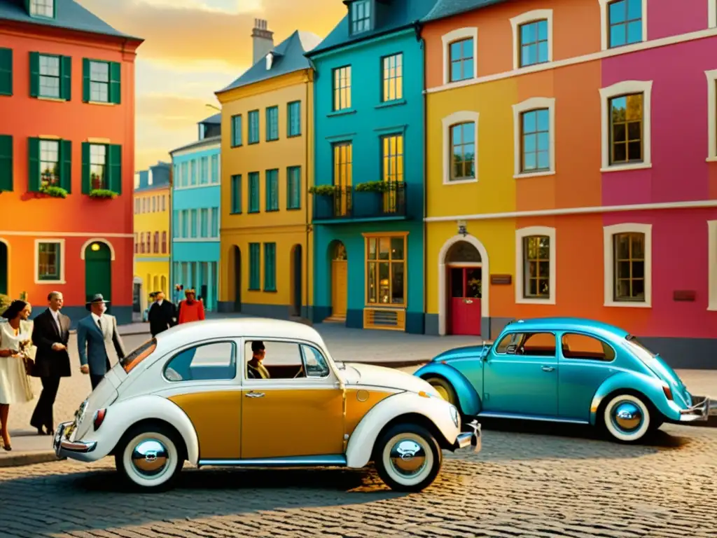 Un anuncio vintage de Volkswagen muestra el icónico Beetle en una calle empedrada, rodeado de personas elegantes