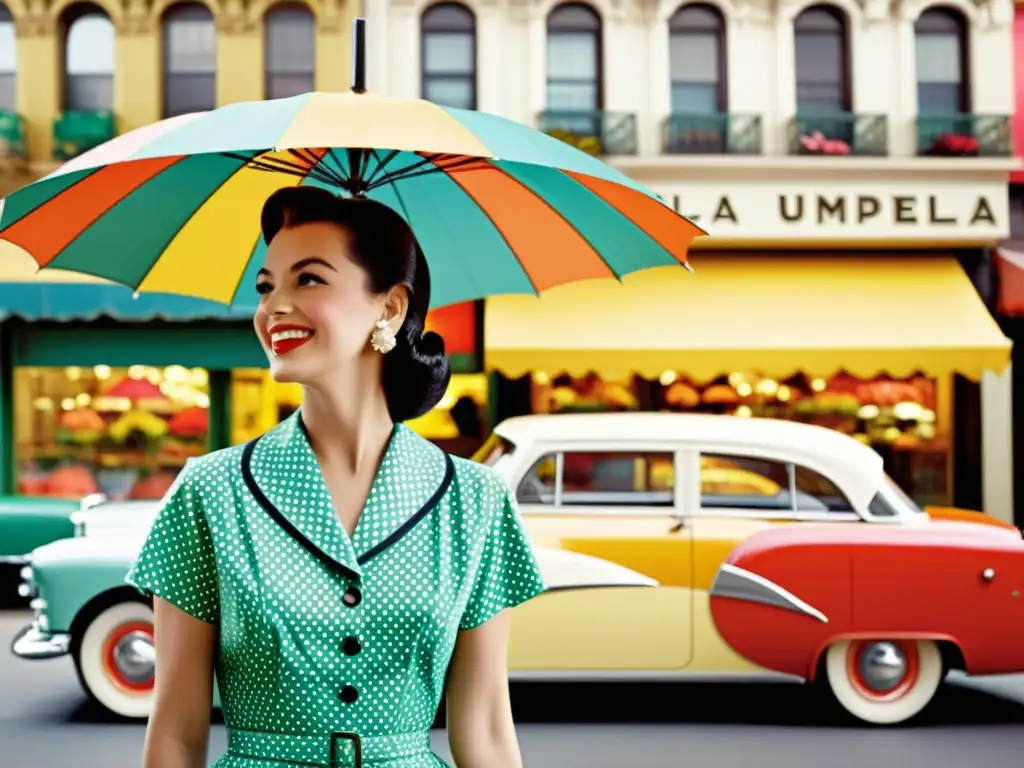Anuncio vintage de los 50 con mujer elegante en vestido de lunares y paraguas floral