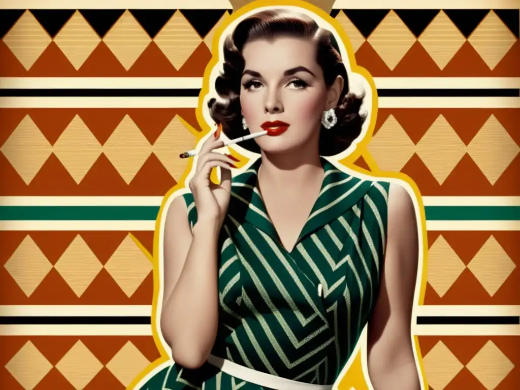 Anuncio vintage con mujer elegante en vestido 1950, humo y patrones subliminales, impacto subliminal patrones publicidad