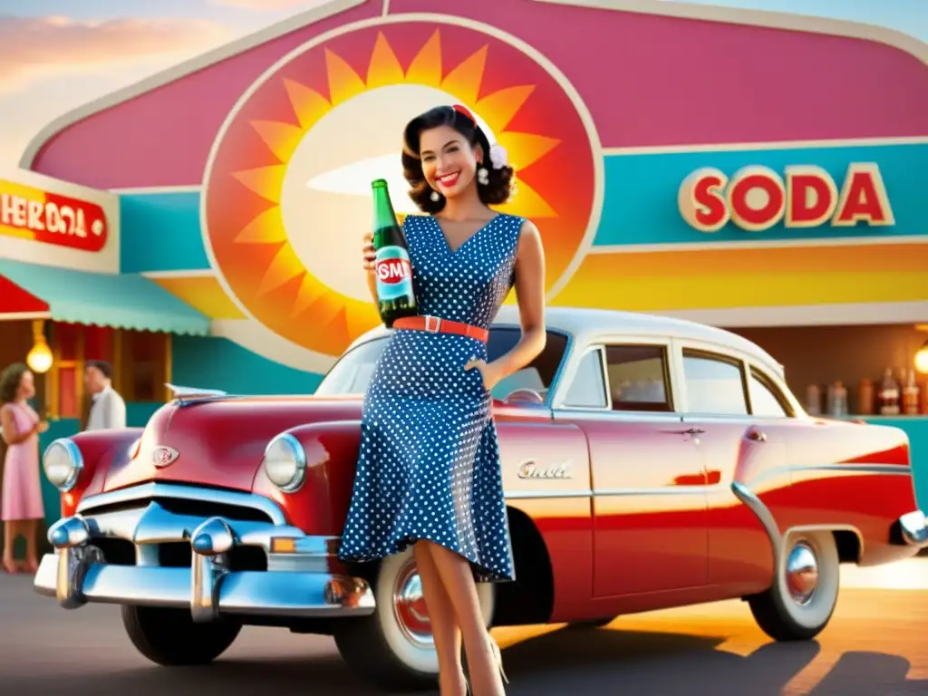 Anuncio vintage con mujer sonriente en vestido de lunares sosteniendo una soda, junto a un auto retro y gente feliz, evocando recuerdos y marca con impacto visual y emocional