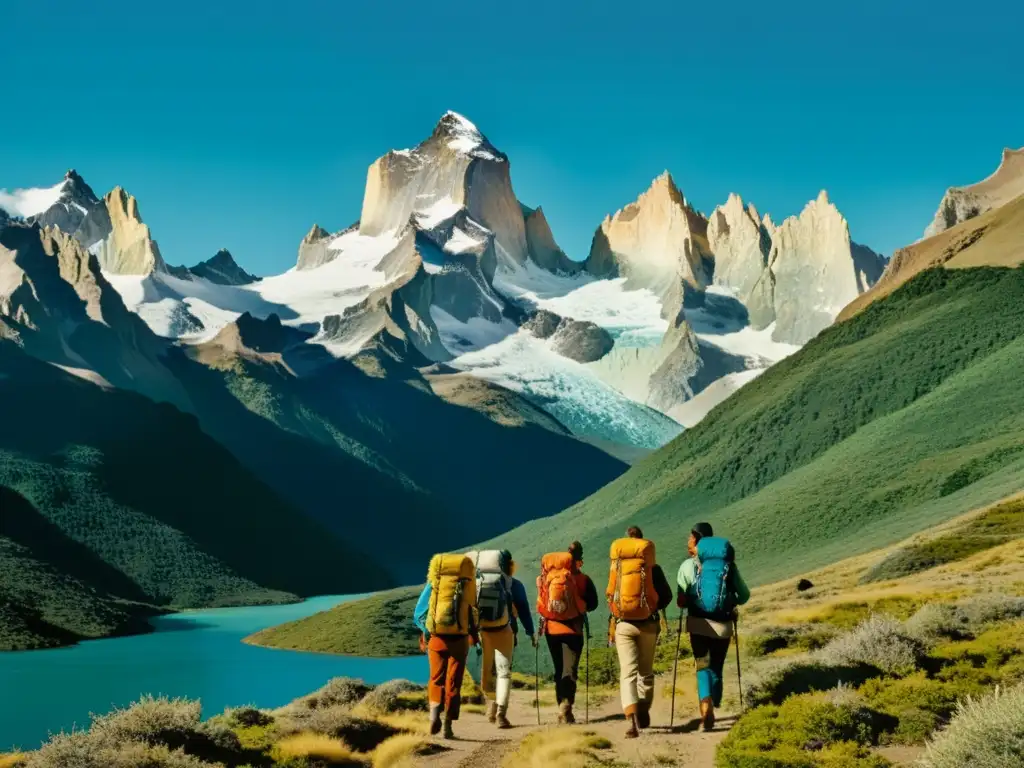 Anuncio vintage de Patagonia con montañas y excursionistas