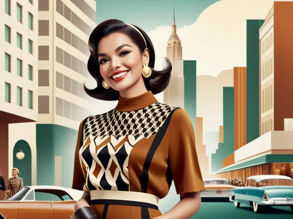 Anuncio vintage con patrones artísticos en campañas publicitarias, mujer glamorosa en la ciudad, diseño geométrico y tonos cálidos